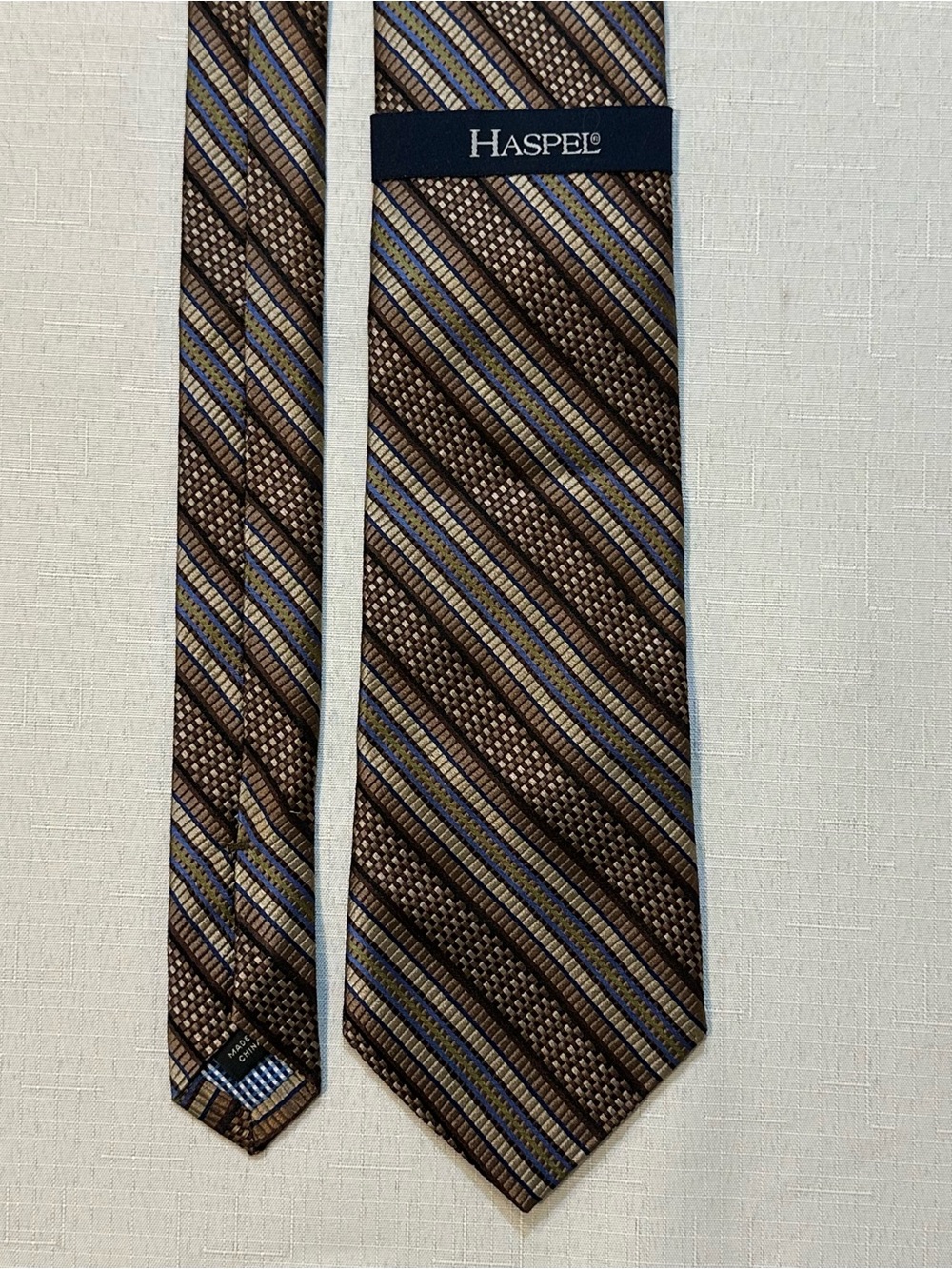 Haspel Silk Striped Tie Brown Blue Geometric NWT
